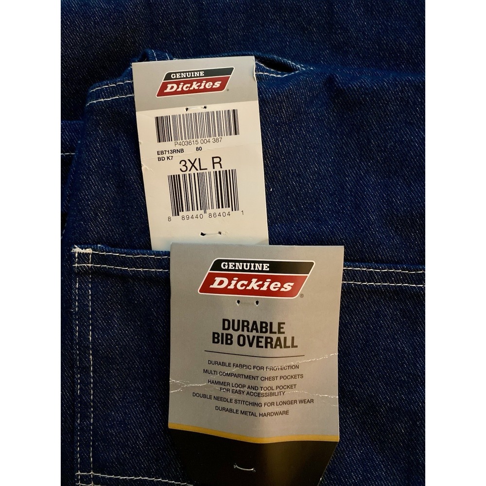 Genuine Dickies Mens Indigo Denim Bib Overalls Red Zipper EB713RNB 3XL Regular - Picture 5 of 8